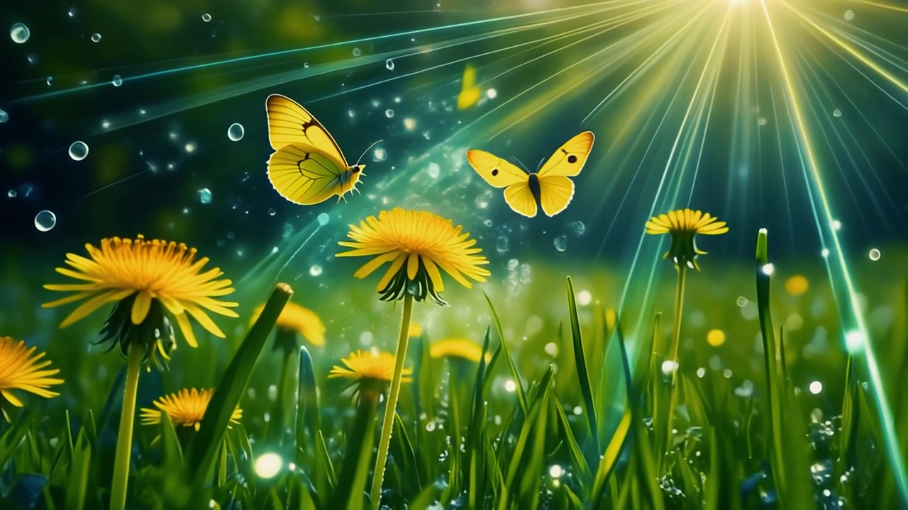 Yellow Butterflies Flying Over Dandelions in a Sunny Meadow