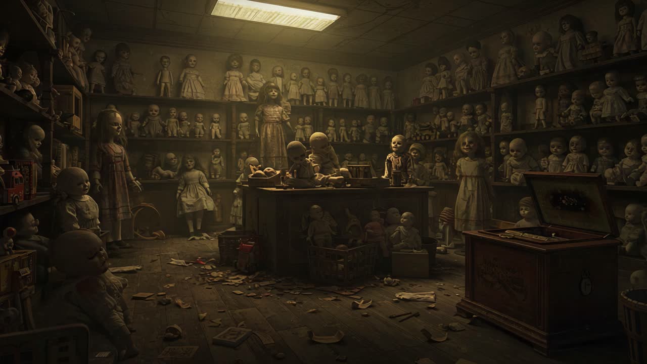 An Eerie Collection of Vintage Dolls in a Dimly Lit Store, Surrounded by Shadows and Memories, Capturing a Haunting Atmosphere of Nostalgia and Unease