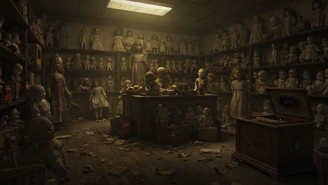 an eerie collection of vintage dolls in a dimly lit store, surrounded by shadows and memories, capturing a haunting atmosphere of nostalgia and unease