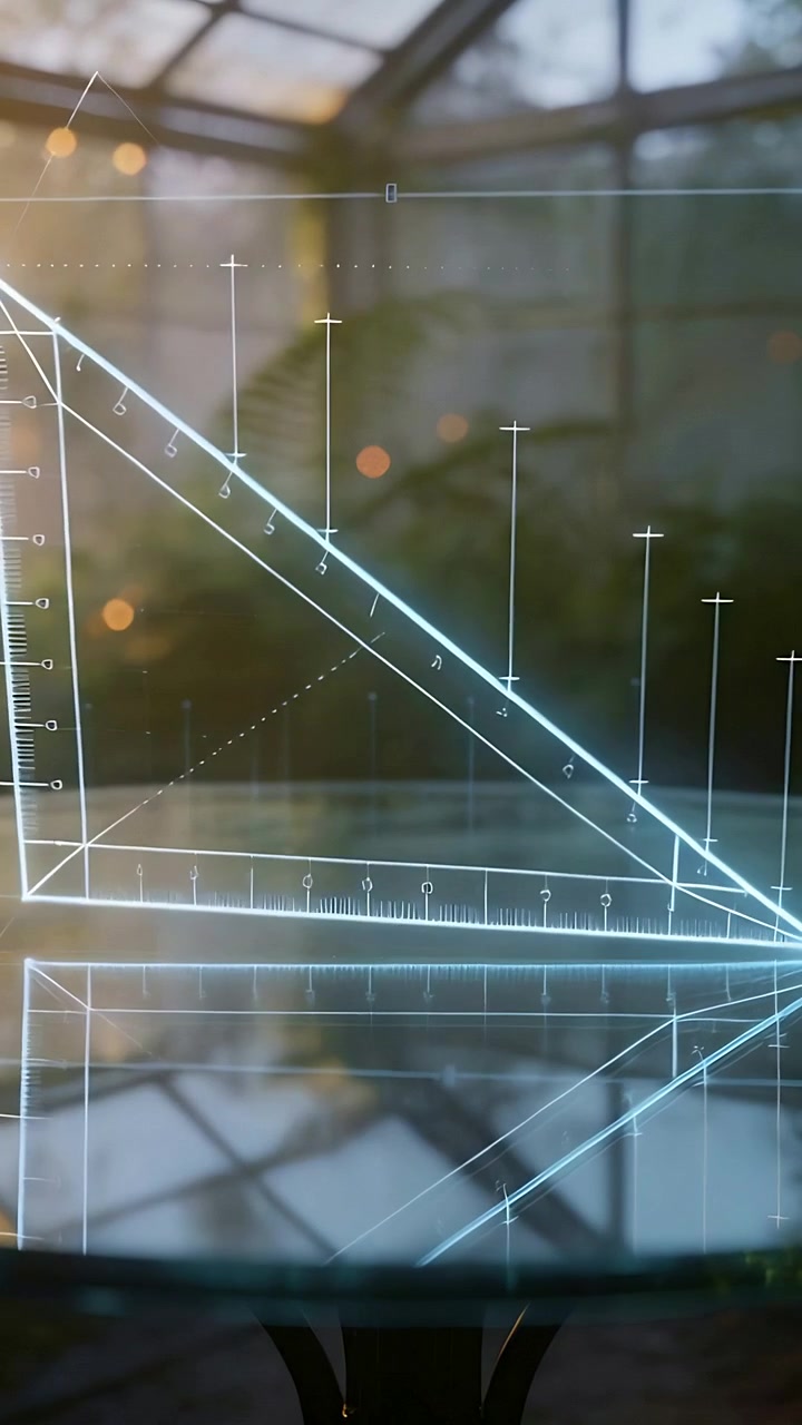 Vertical video: Shifting cyan hologram sliding above round glass table, frames moving grid right