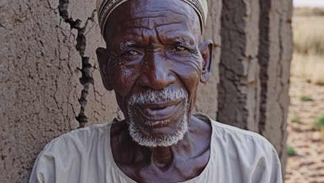 portrait of a serene senior african man wearing traditional clothing, standing near a weathered wall, offering a gentle smile to the camera