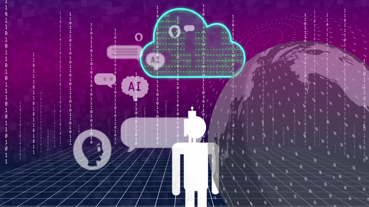 animación de un chat y procesamiento de datos en todo el mundo sobre fondo púrpura