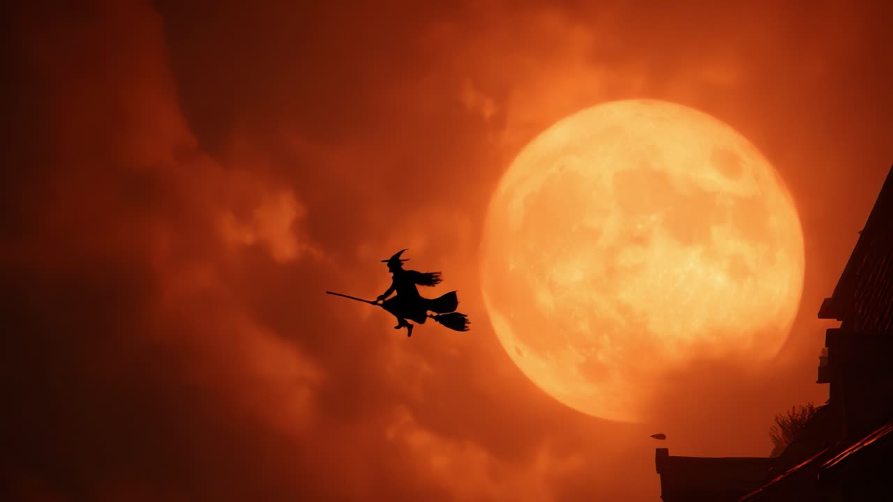 Una strega in volo al crepuscolo con una luna piena color sangue sullo sfondo, che cattura l'incanto e il mistero di un regno magico soprannaturale