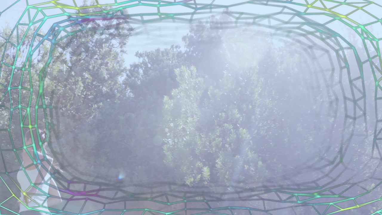 Mesh overlay revealing runner stepping over barrier climbing and exiting frame for fitness tracking