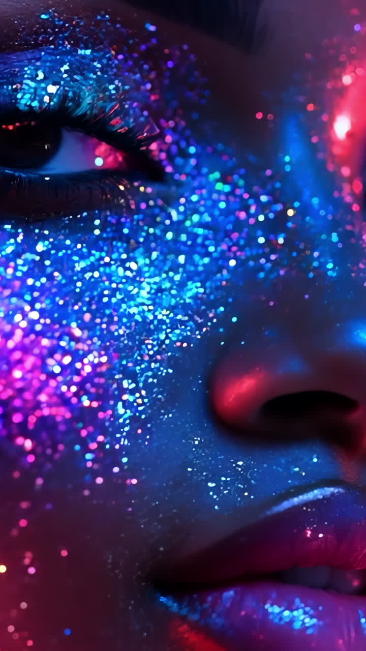 A woman with blue and pink face paint. The face paint is glittery and colorful. The woman has a serious expression on her face