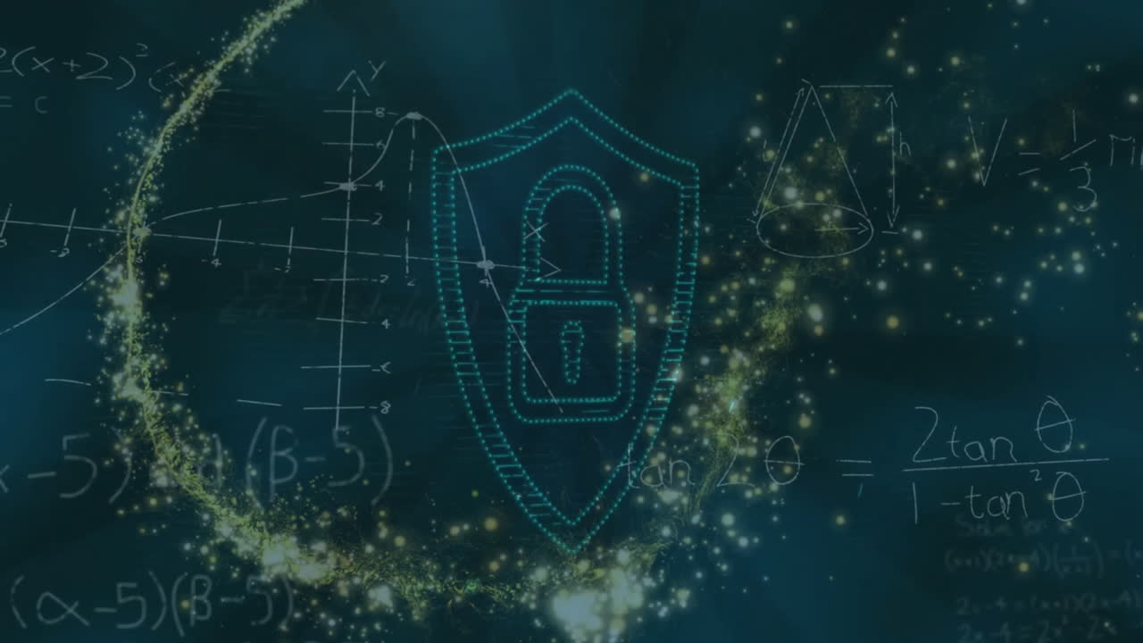 анимация математической обработки данных над иконой замка и падающей звездой