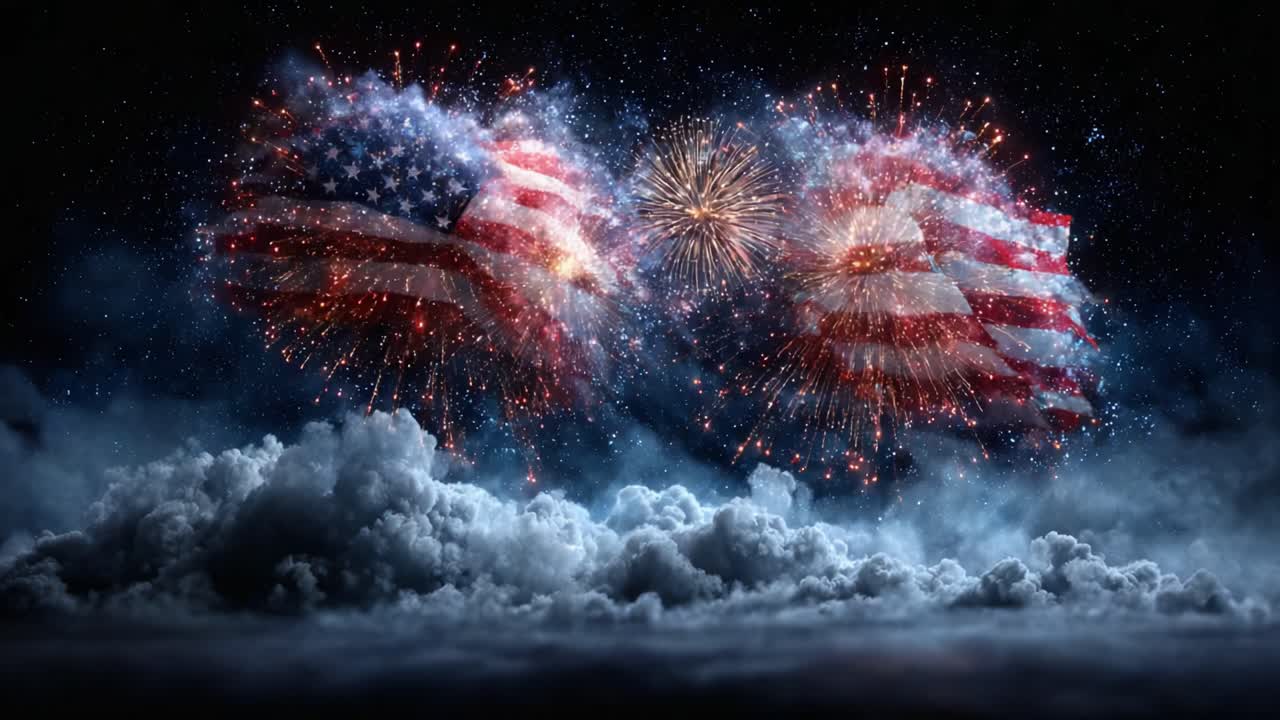 Stunning Fireworks Display with Flags Creating a Patriotic Atmosphere in a Dark Night Sky Illuminated by Radiant Colors and Clouds