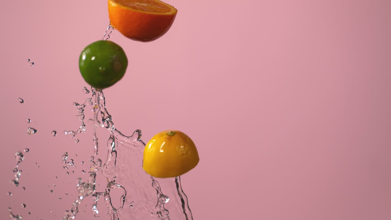 Citrus Fruits And Water Fly Through The Air In Front Of A Pink Background