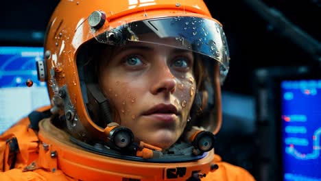 astronaut in an orange helmet gazes intently during a rainy day
