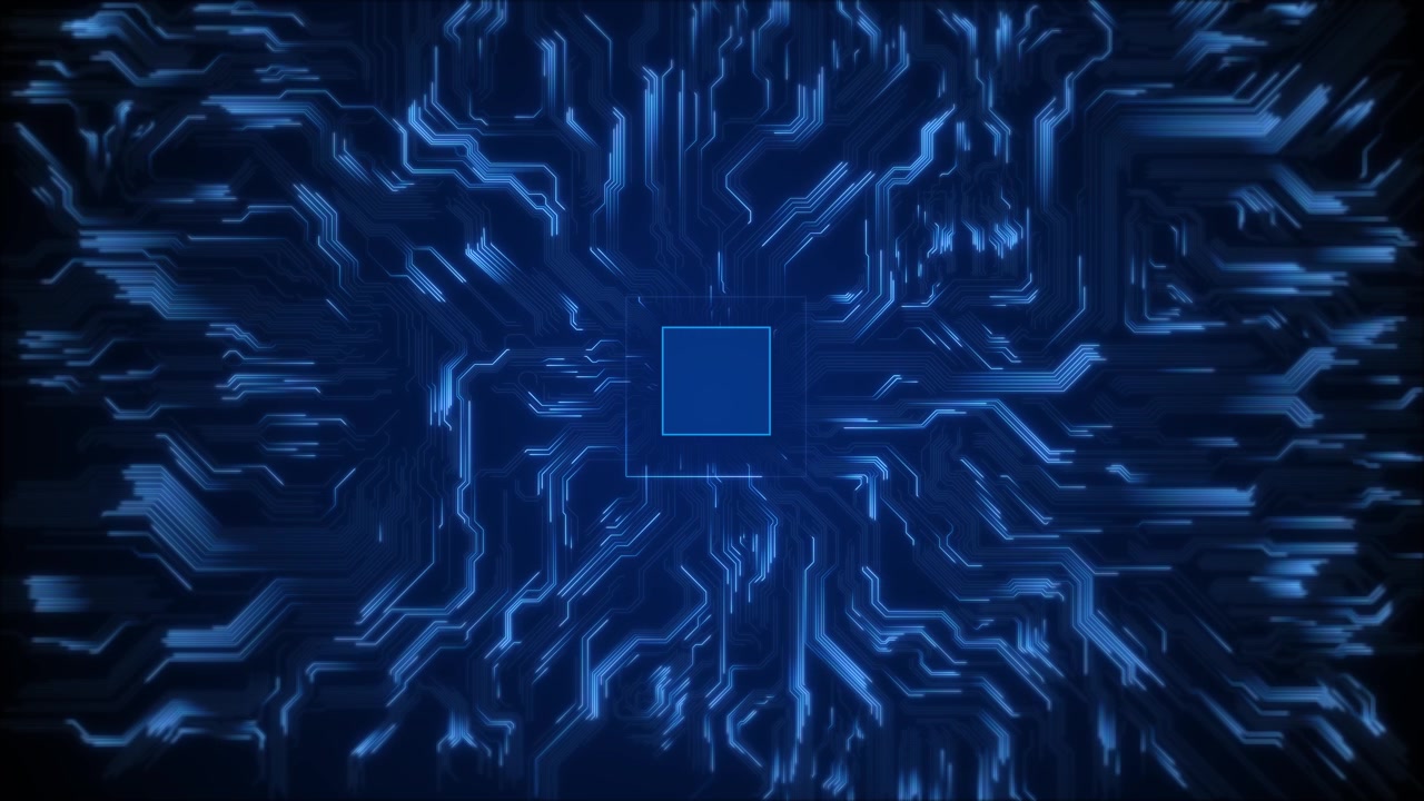 Blue circuit processor background with central chip square glowing paths and deep motherboard