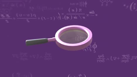 magnifying glass, mathematical equations and dna strand diagrams over purple background