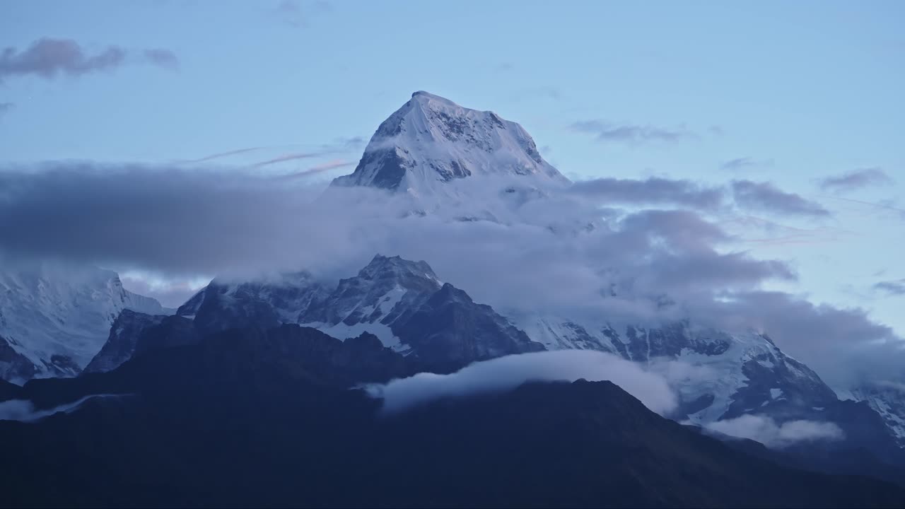 Himalayas Mountains Top at Night in Nepal, Dawn Light Snowcapped Mountain Summit, Winter Mountain Peak of Beautiful Dramatic Annapurna South in Snowy Landscape Scenery at Poon Hill