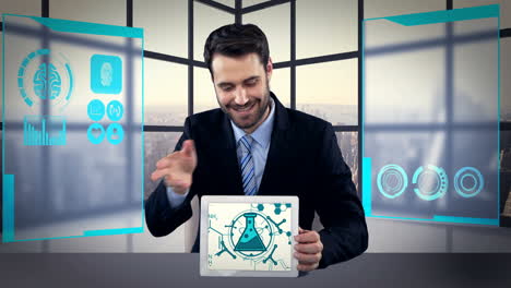 hombre que muestra iconos y gráficos médicos generados digitalmente en una tableta