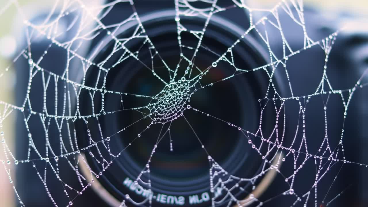 A camera lens elegantly entangled in a delicate spiderweb, showcasing nature's artistry through intricate patterns and glistening droplets, inviting a closer look at the beauty of the scene
