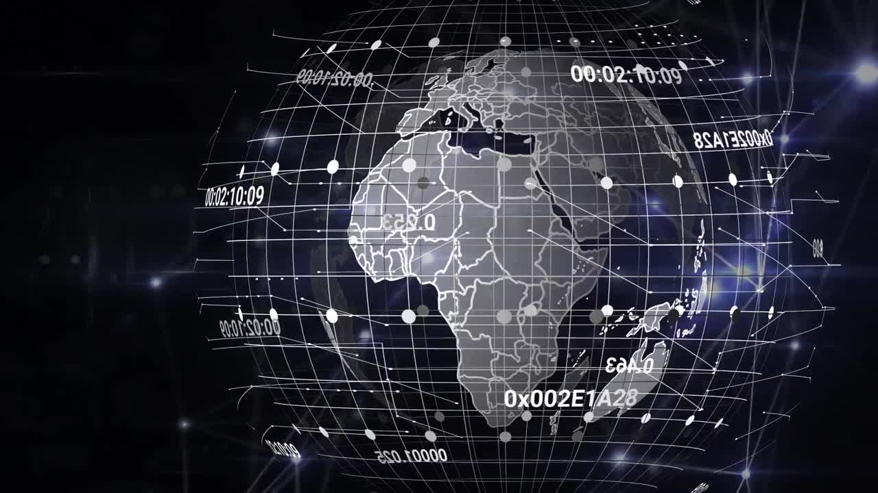 Animation of globe with data processing over dark background
