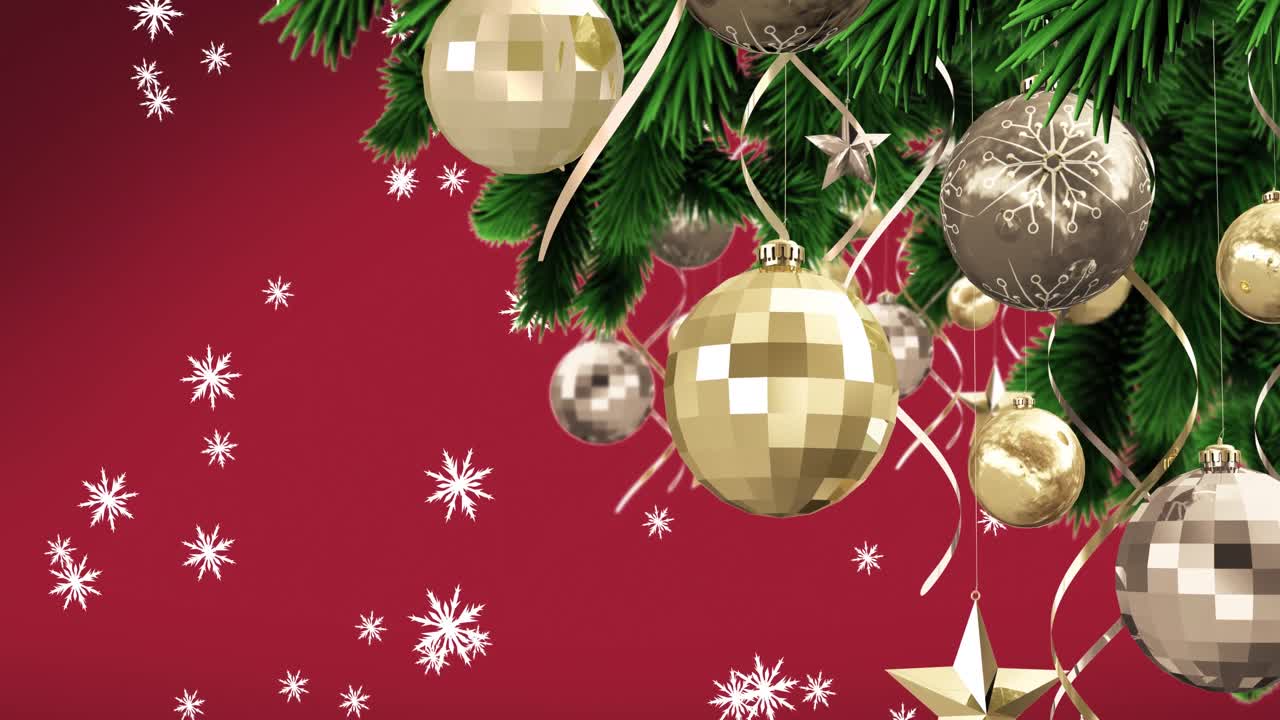 animación de nieve cayendo sobre la decoración de navidad sobre fondo rojo