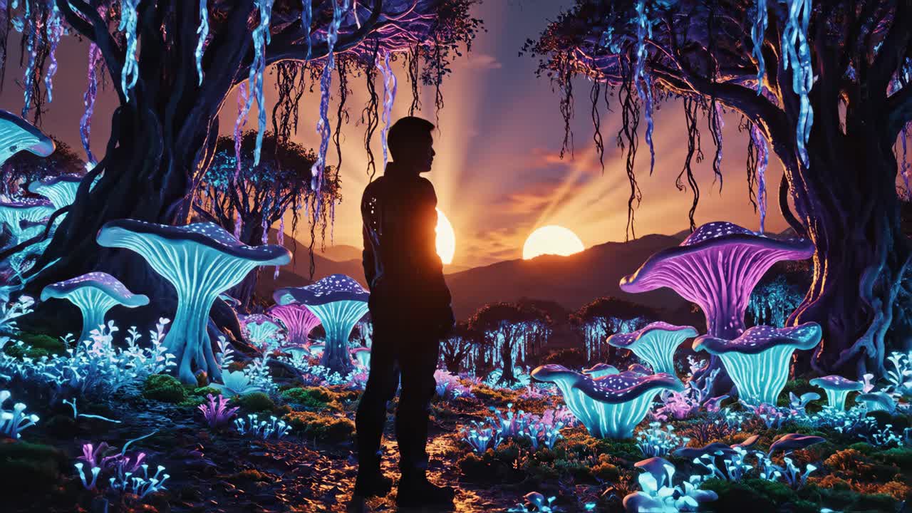 Surreal Alien Landscape with Mushrooms and Sunset