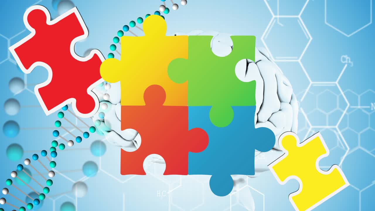 animación de rompecabezas que caen sobre el cuadrado formado con rompecabeos, cadena de adn y cerebro humano