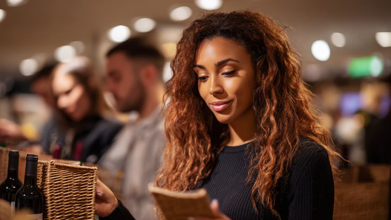 Una donna con dei bellissimi capelli ricci sorride mentre legge un menu, circondata da figure indistinte in un ambiente caldo e accogliente; l'atmosfera è intima, con un'illuminazione soffusa che esalta l'esperienza culinaria.