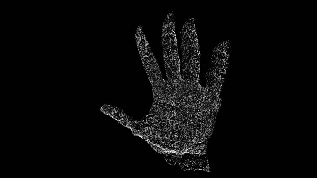 4K digital scanning af en menneskehånd ved hjælp af partikelbaseret biometrisk teknologi. Ideel til cybersikkerhed, identitet og højteknologiske sikkerhedstemaer.