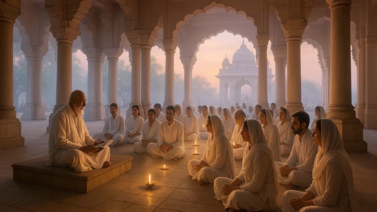 Elderly man in white robes shares wisdom with attentive group in serene temple, surrounded by candlelight, fostering a peaceful ambiance of spiritual growth and community