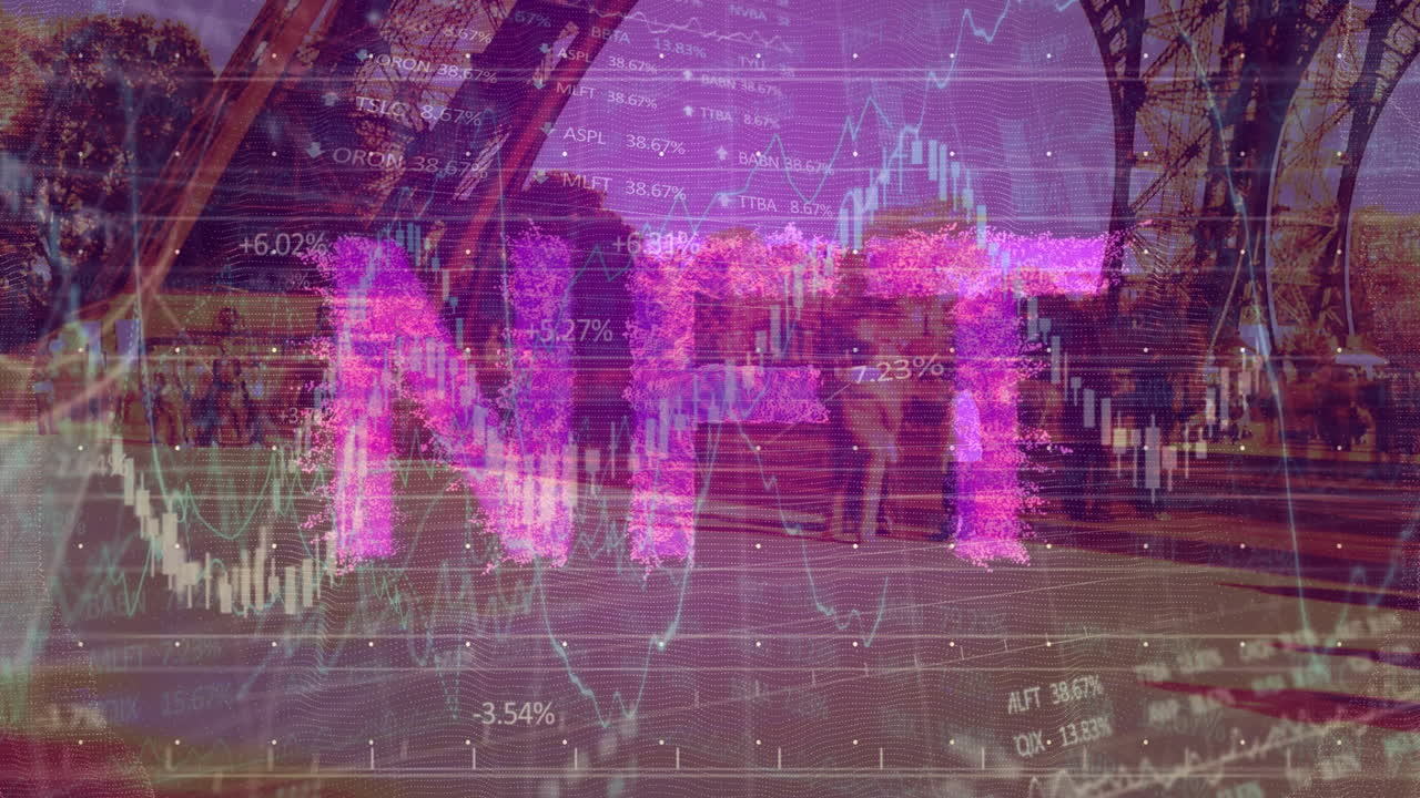 NFT animation over financial data with city scene in background