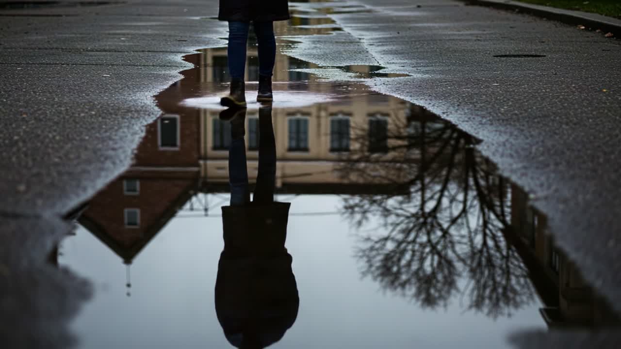 A solitary figure walks through a rain-soaked street, their reflection captured in the puddle below, creating a serene, artistic expression of urban life and solitude