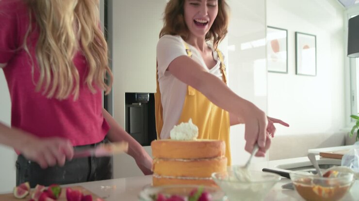 Amigas trocando um high-five antes de decorar um bolo de várias camadas com cobertura em casa