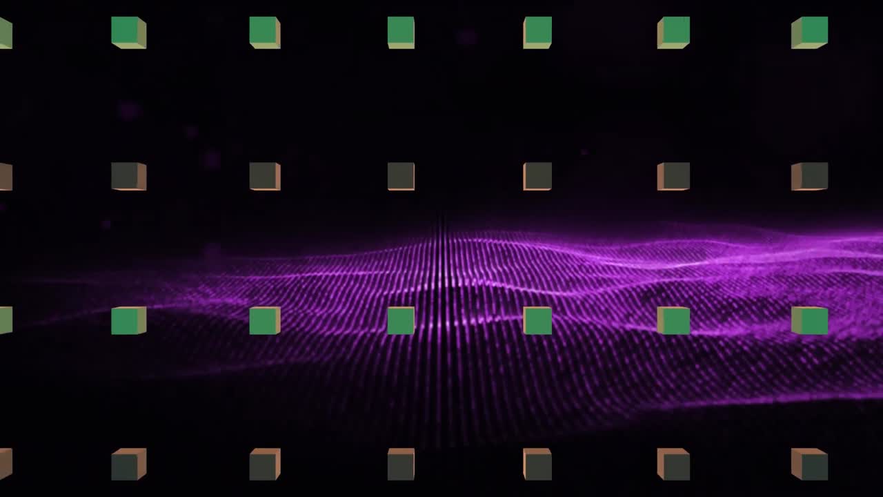 검은색 배경에 초록색 큐브의 줄 위에 보라색 mesh의 애니메이션