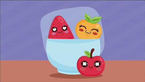 frutas frescas en cuenco personajes cómicos animación