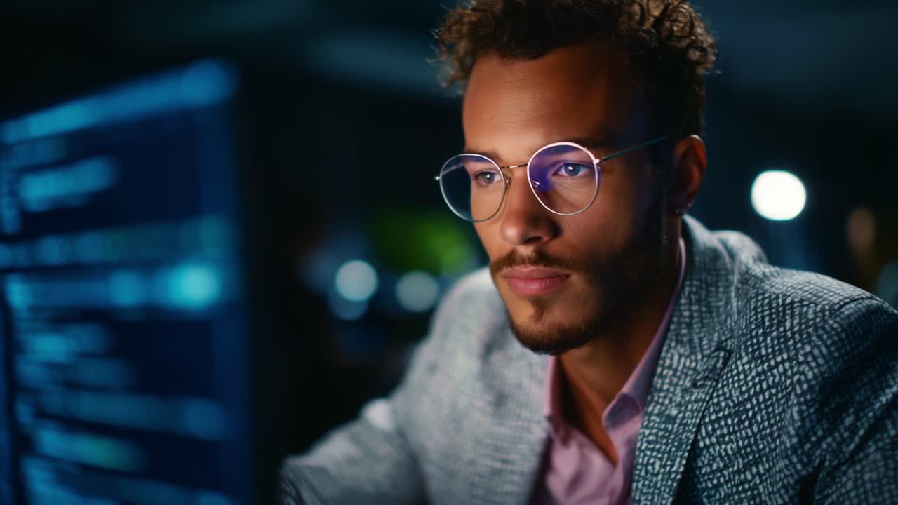 Focused Programmer Analyzes Code on Computer Screen in a Modern Office Environment, Showcasing the Intensity and Concentration of Software Development Work