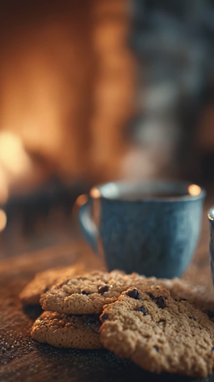 Varm og hyggelig aften: En perfekt kombination af friskbagte småkager og duftende kaffe ved pejsen, der skaber en indbydende atmosfære for vinterafslapning