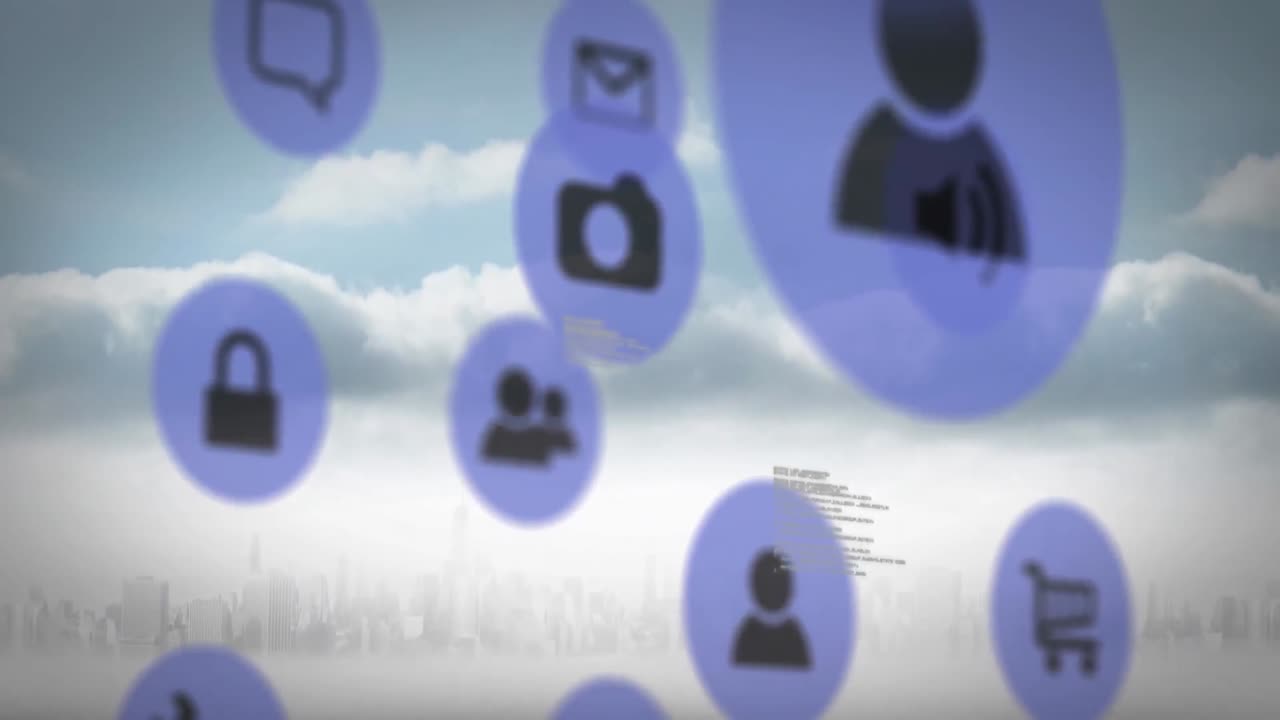 animación de iconos digitales en línea sobre el paisaje urbano