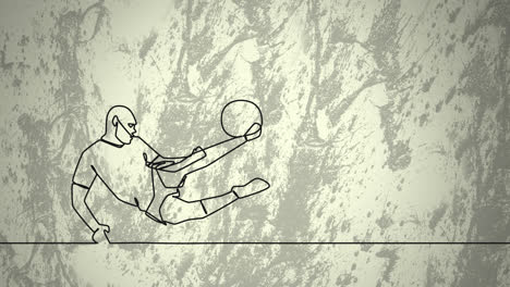 animation of drawing of male soccer player kicking ball and shapes on grey background