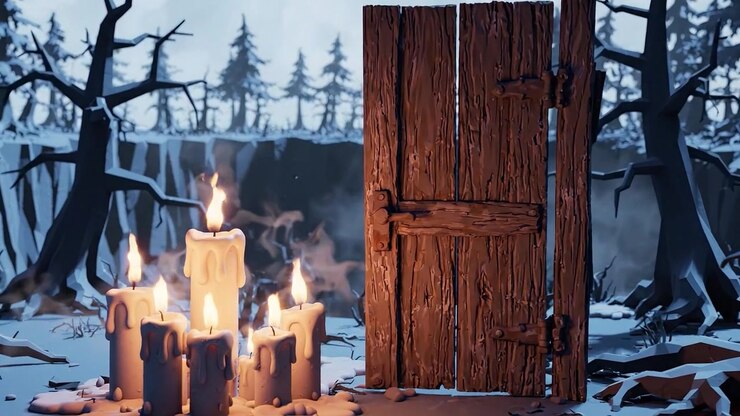 A Surreal Winter Landscape Featuring Flickering Candles and an Open Wooden Door Amidst a Mysterious Forest with a Gloomy Canyon in the Background