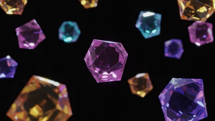 Ipnotiche forme geometriche fluttuanti in colori vivaci: uno straordinario viaggio visivo attraverso cristalli scintillanti su uno sfondo misterioso