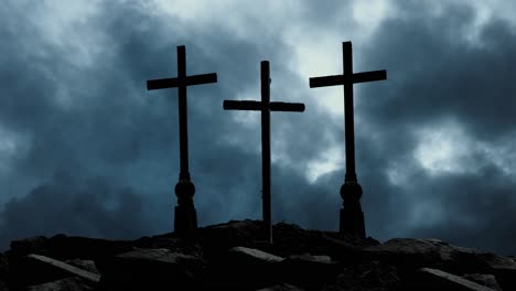 three crosses on the mountain with thunderstorm background