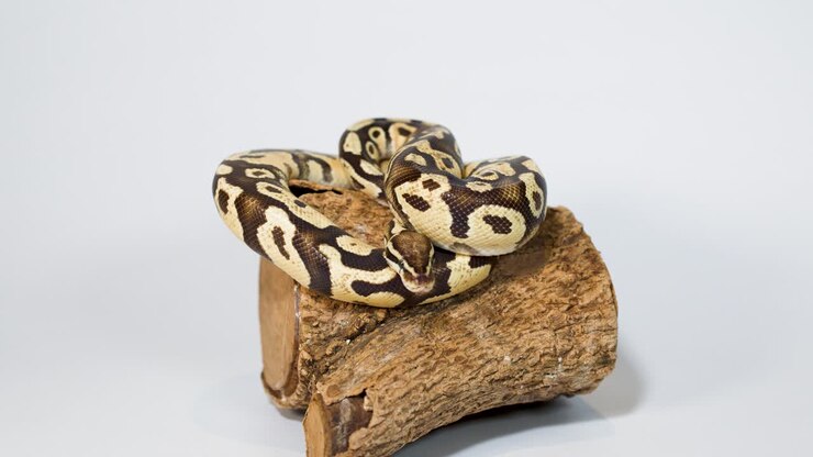 Ball python coils and slowly explores wooden log under soft studio lighting, static camera view