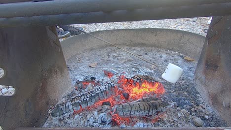 large white marshmallow slowly turning over a campfire