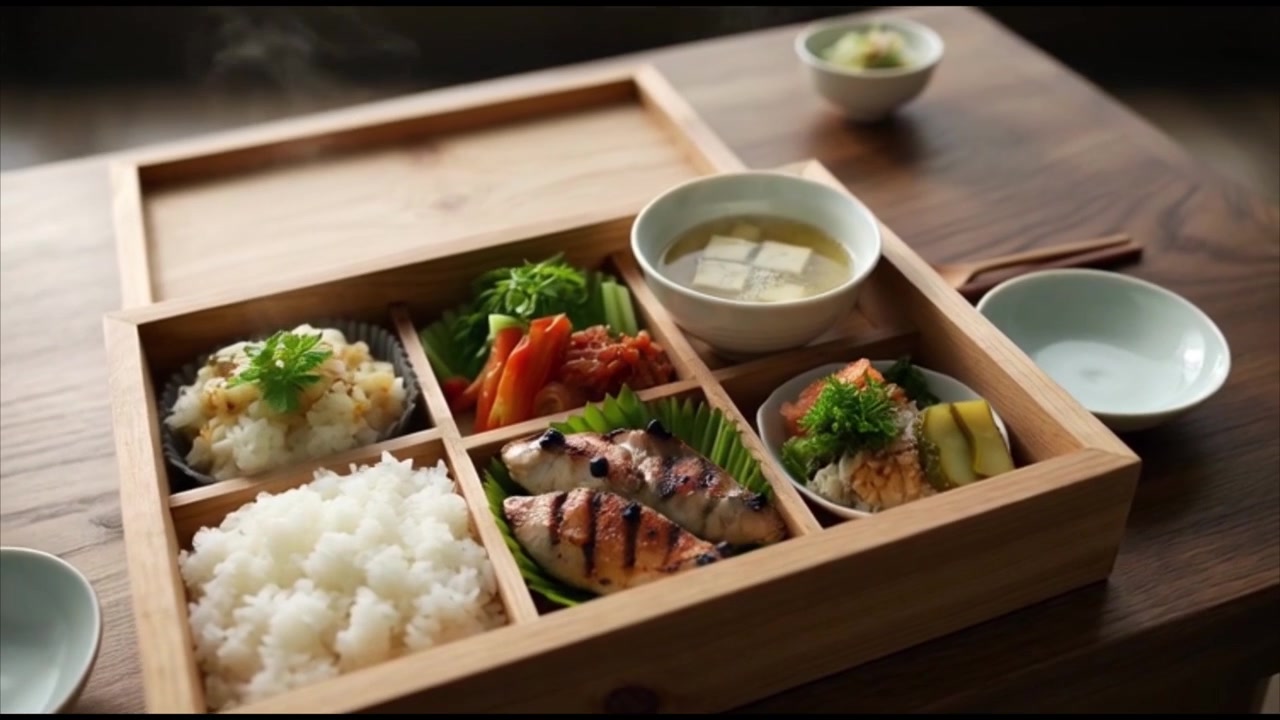 Traditionelles japanisches Bento-Box-Gericht auf Holztisch
