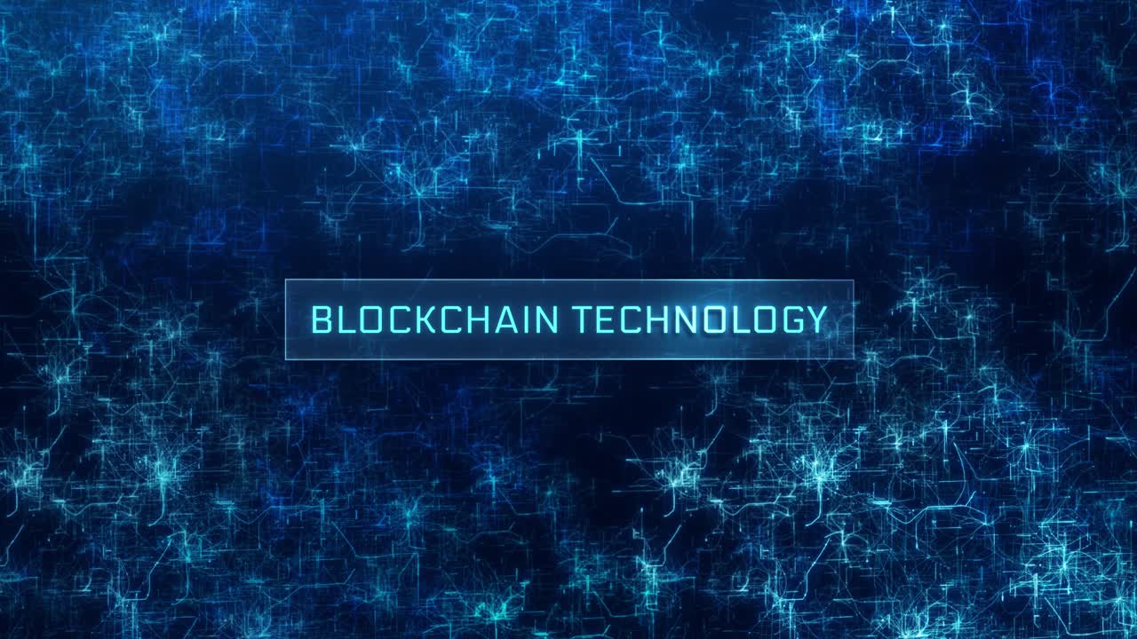 Konceptet med blockchain-teknologi over en glitch-neural netværksbaggrund og abstrakte computernetværk.