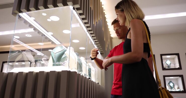 An elegant couple enjoying a delightful jewelry shopping experience in a luxurious store