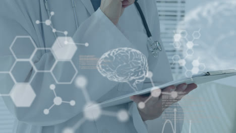 animation of data processing, digital human brain model and molecules over doctor taking notes