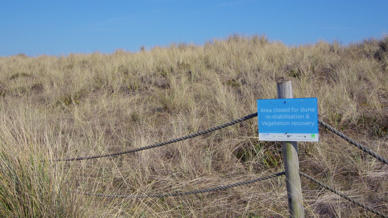 Shot of dunes closed for re-stabilisation and vegetation recovery with sign