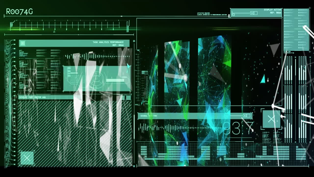 animación de diversos datos en una pantalla digital negra