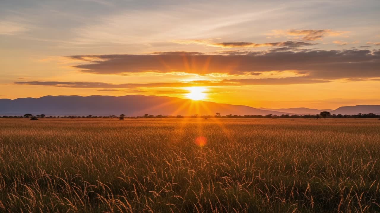 A Breathtaking Sunset Over a Serene Field with Rolling Hills Under a Vibrant Sky, Capturing the Beauty of Nature at Its Most Tranquil Moment