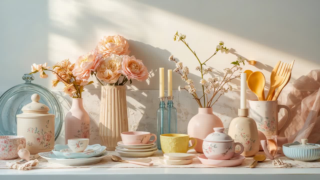 Zooming camera, sunlight moving across shelf, showing fluted vase with peach roses, ceramic gloss