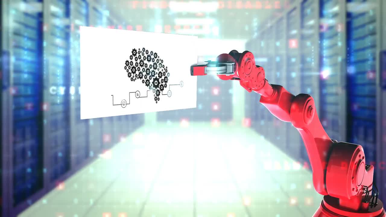 Digitally generated video of red robotic arm holding card with diagram of machine