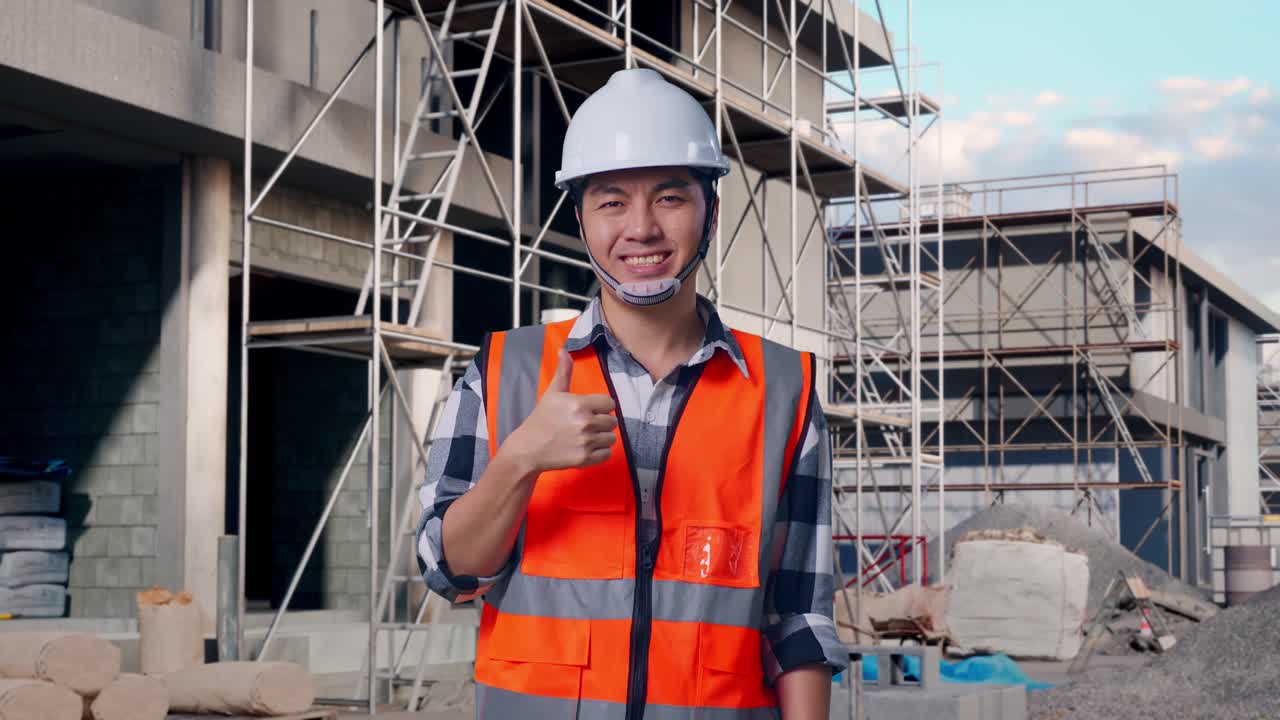 Asian Male Engineer With Safety Helmet Smiling And Showing Thumbs Up Gesture To The Camera While Standing At Building & Construction Site in Progress to New House
