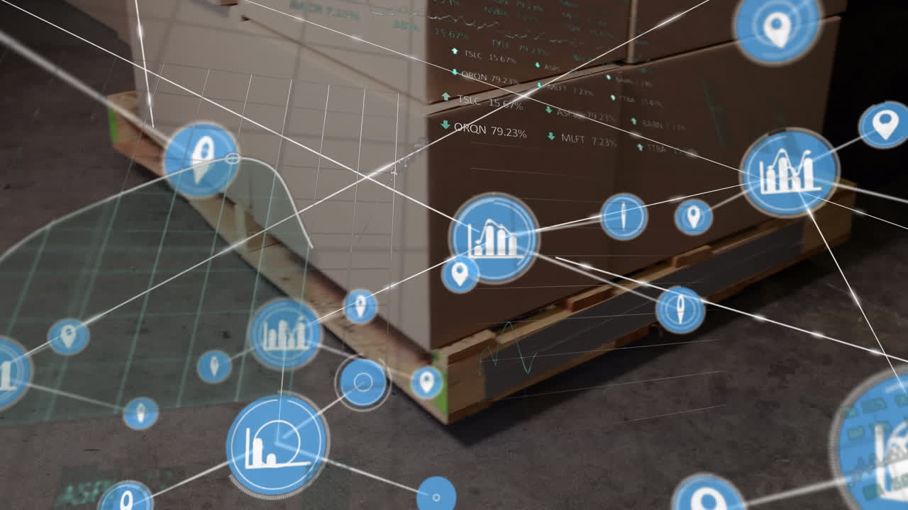animación de una red de iconos digitales y procesamiento de datos financieros sobre una pila de cajas en una paleta.